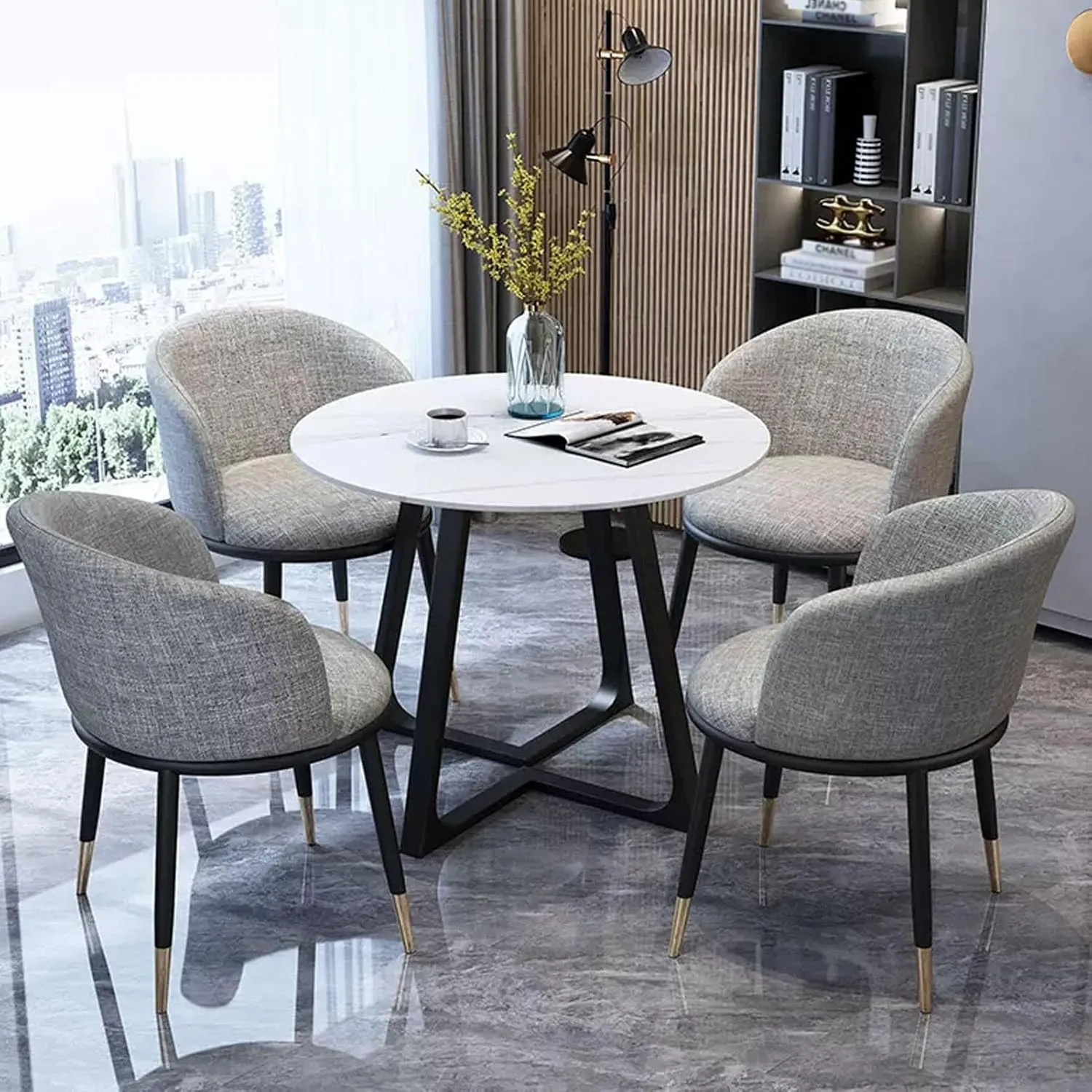 Marble Round Dining Table Set for 4 with Cotton Linen Chairs 5 Piece Set for Office Reception Room or Club,Grey One Size,Grey One Size