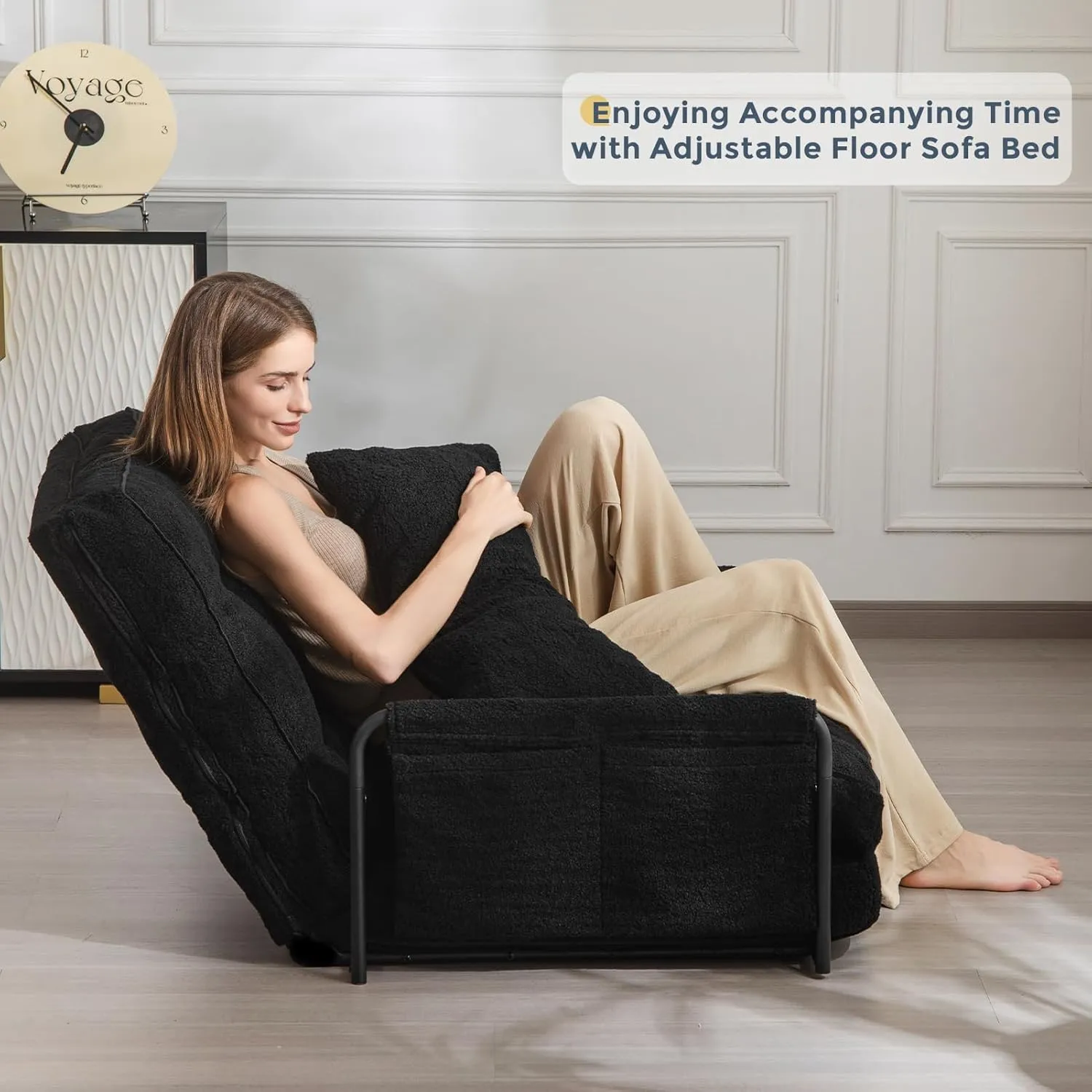 MAXYOYO Adjustable Floor Sofa Couch with Pillow, 5-Position Boucle Bean Bag Bed, Convertible Lazy Sofa Sleeper Bed with Armrest, Versatile Floor Seating Sofa for Living Room Guest Room, Black, Single