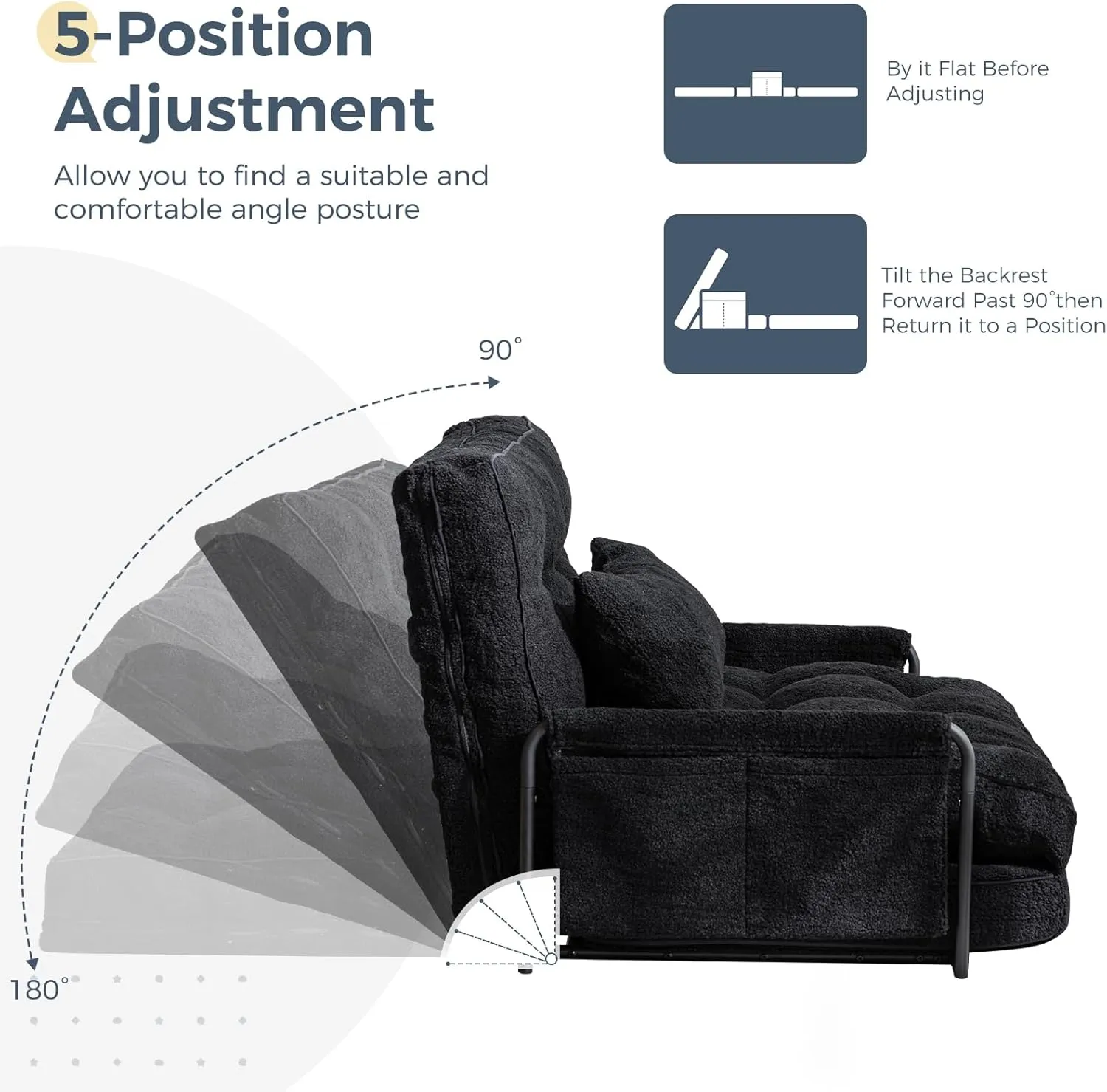 MAXYOYO Adjustable Floor Sofa Couch with Pillow, 5-Position Boucle Bean Bag Bed, Convertible Lazy Sofa Sleeper Bed with Armrest, Versatile Floor Seating Sofa for Living Room Guest Room, Black, Single