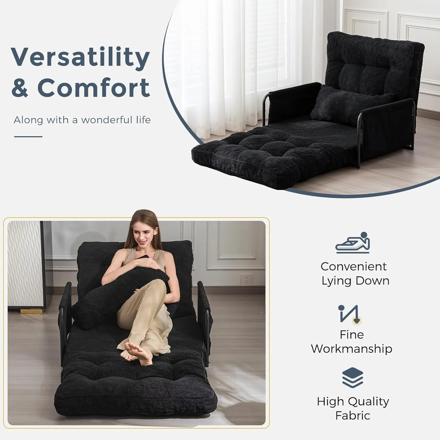 MAXYOYO Adjustable Floor Sofa Couch with Pillow, 5-Position Boucle Bean Bag Bed, Convertible Lazy Sofa Sleeper Bed with Armrest, Versatile Floor Seating Sofa for Living Room Guest Room, Black, Single
