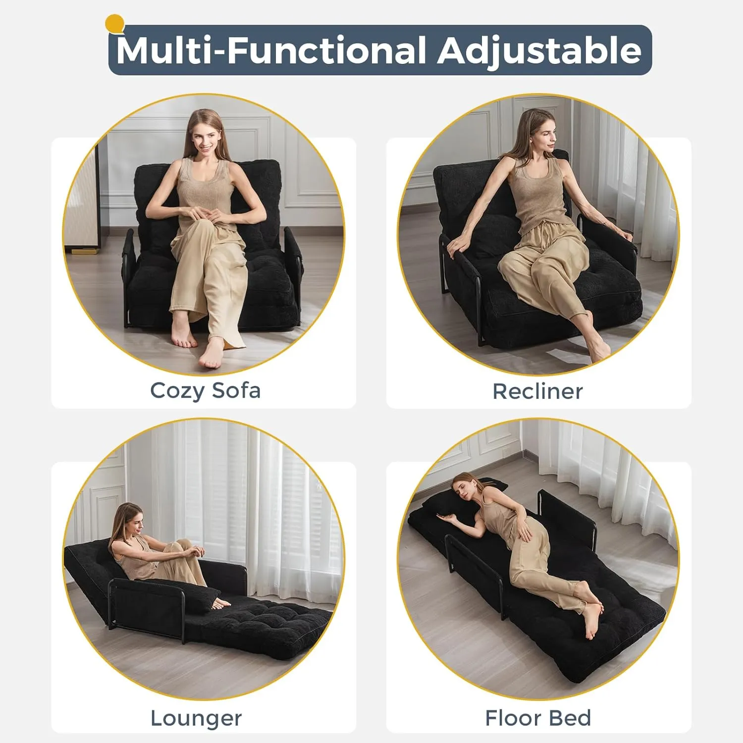 MAXYOYO Adjustable Floor Sofa Couch with Pillow, 5-Position Boucle Bean Bag Bed, Convertible Lazy Sofa Sleeper Bed with Armrest, Versatile Floor Seating Sofa for Living Room Guest Room, Black, Single