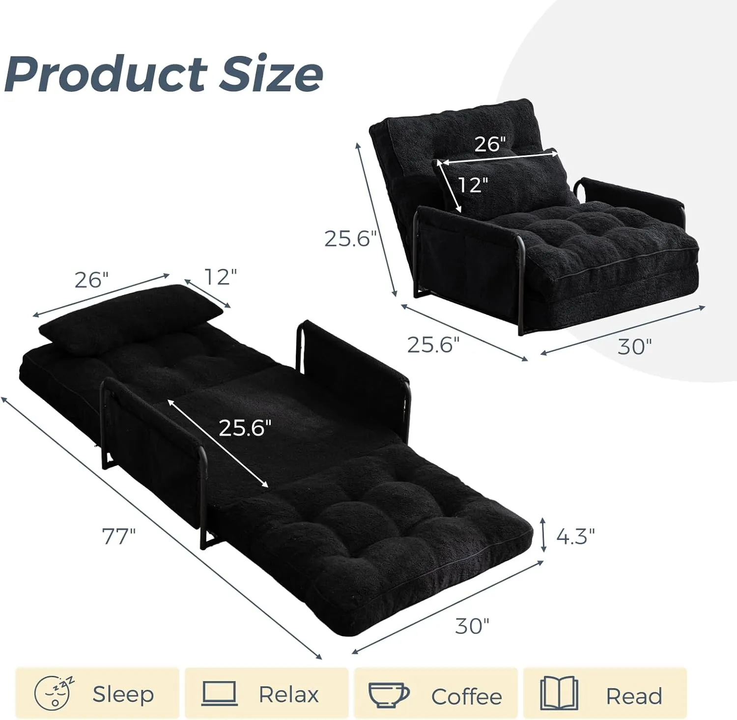 MAXYOYO Adjustable Floor Sofa Couch with Pillow, 5-Position Boucle Bean Bag Bed, Convertible Lazy Sofa Sleeper Bed with Armrest, Versatile Floor Seating Sofa for Living Room Guest Room, Black, Single