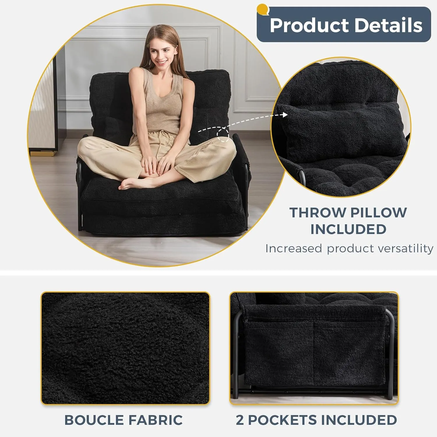 MAXYOYO Adjustable Floor Sofa Couch with Pillow, 5-Position Boucle Bean Bag Bed, Convertible Lazy Sofa Sleeper Bed with Armrest, Versatile Floor Seating Sofa for Living Room Guest Room, Black, Single