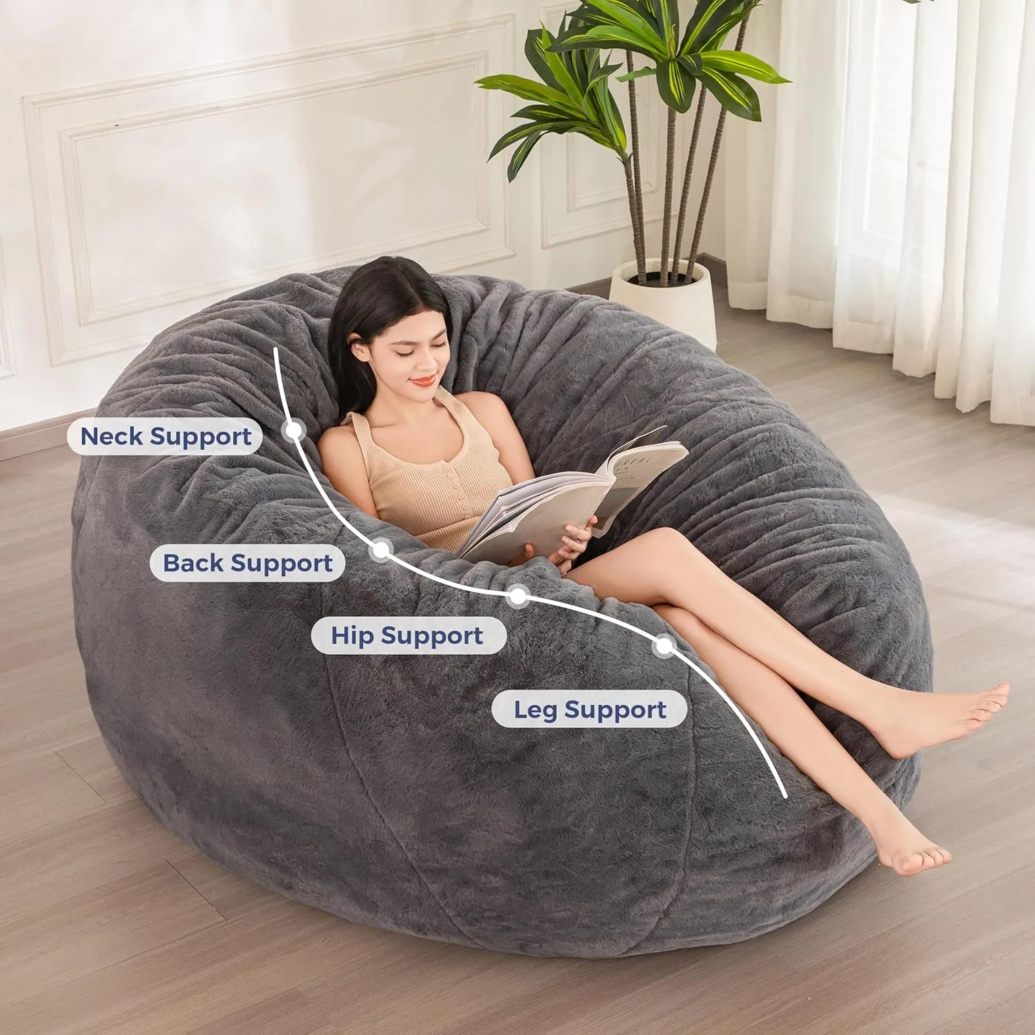 MAXYOYO Bean Bag Chair for Adults, Large 6 ft Bean Bag Chair with Foam Filling, Ultra Soft Fur Lazy Sofa for Living Room Bedroom, Machine Washable Cover
