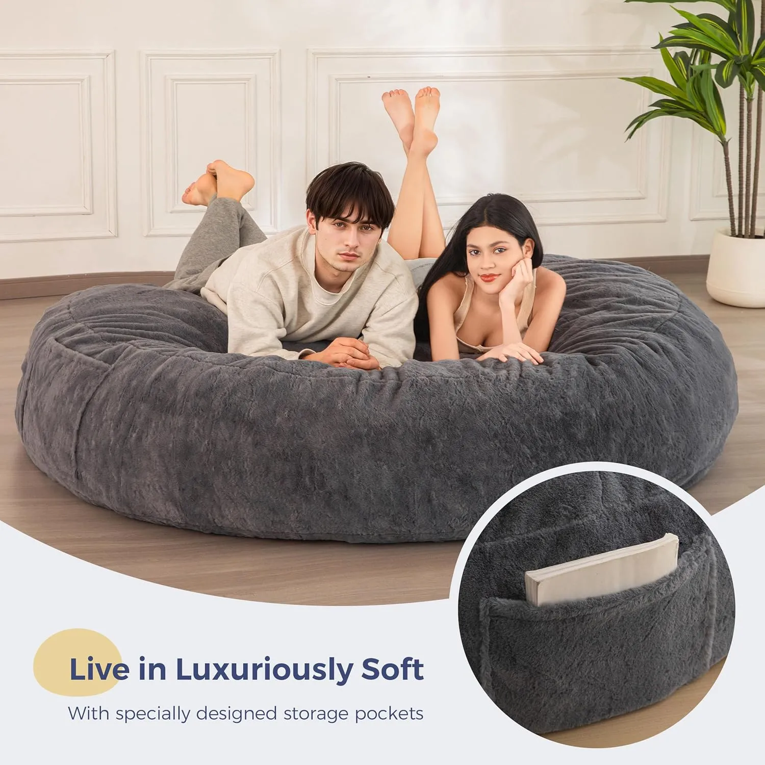 MAXYOYO Bean Bag Chair for Adults, Large 6 ft Bean Bag Chair with Foam Filling, Ultra Soft Fur Lazy Sofa for Living Room Bedroom, Machine Washable Cover
