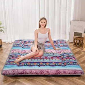 MAXYOYO Bohemian Vintage Floral Japanese Futon Mattress - Roll Up Tatami Floor Mat, Foldable Bed, Portable Camping Mattress, Sleeping Pad, Floor Lounger, Couch Bed - Queen Size