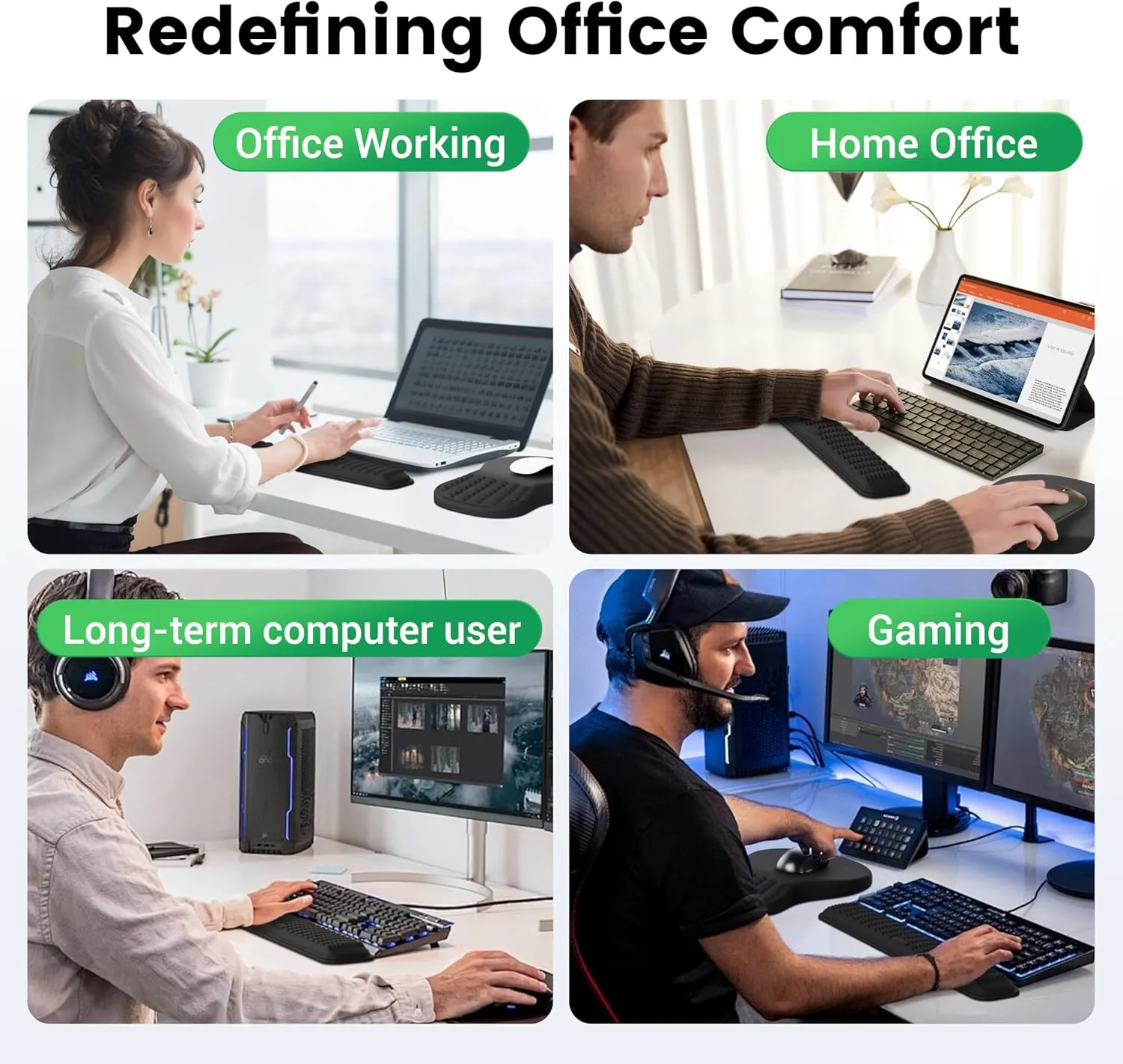 MEKASS Ergonomic Mouse Pad and Keyboard Wrist Rest Set, Super Soft Memory Foam Desk Wrist Support for Computer Keyboard, Non-Slip Arm Palm Rests Cushion for Typing Gaming Office Laptop Mac (Black)