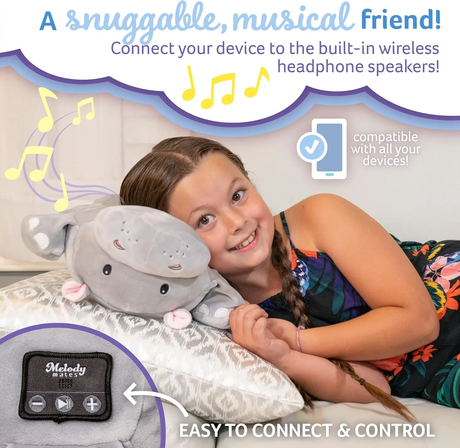 Memory Foam 15” Pillow Plush with Wireless Headphone Speakers Embedded to Play Music, Videos, or Soothing White Noise only Audible to Child Holding The Pillow - Gloria The Hippo