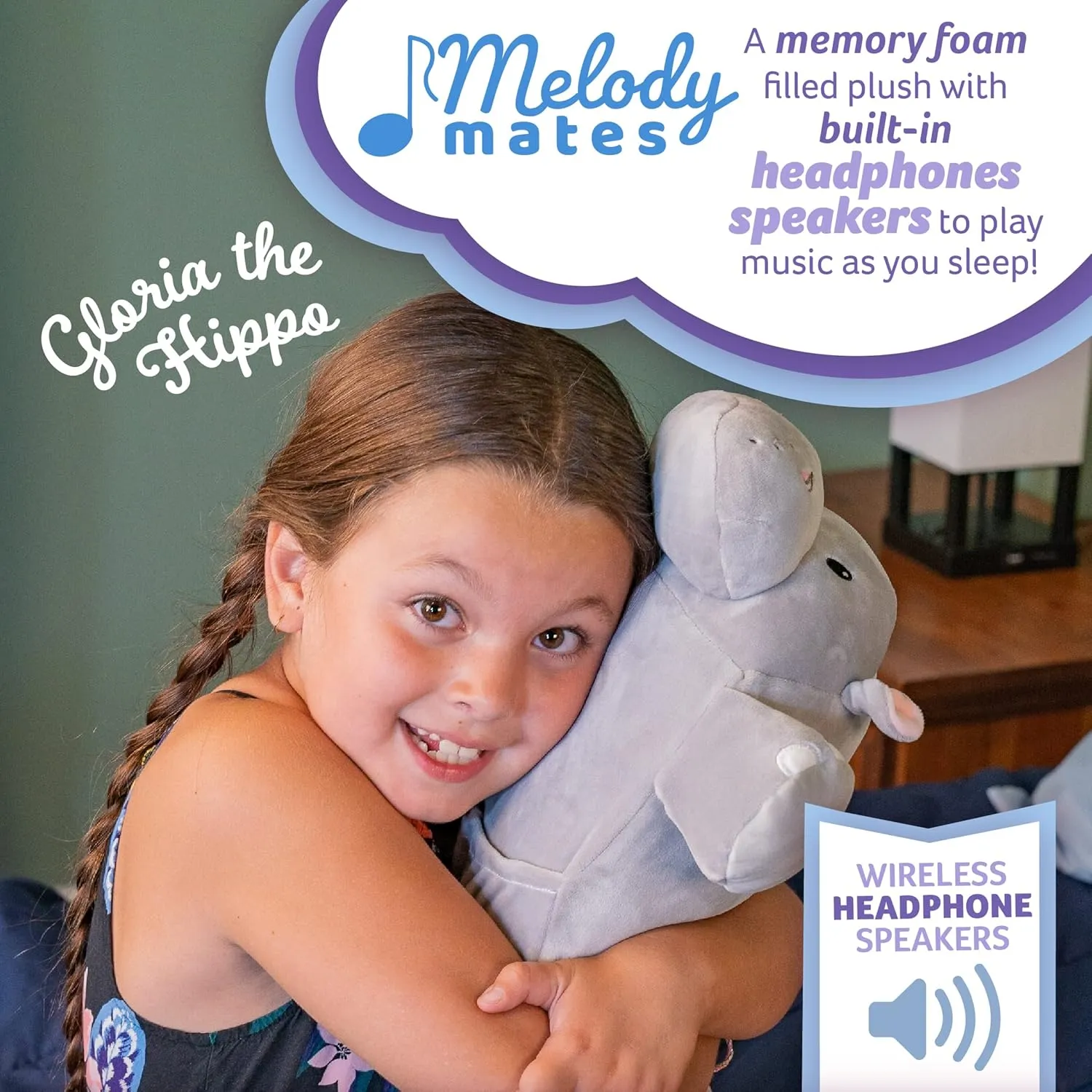 Memory Foam 15” Pillow Plush with Wireless Headphone Speakers Embedded to Play Music, Videos, or Soothing White Noise only Audible to Child Holding The Pillow - Gloria The Hippo