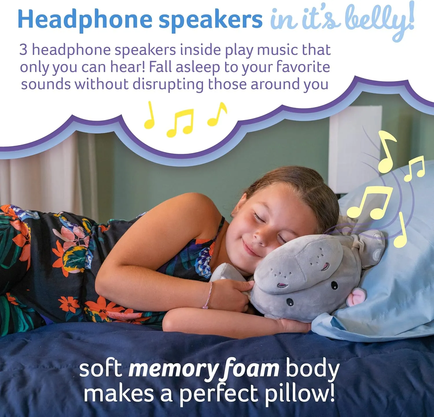 Memory Foam 15” Pillow Plush with Wireless Headphone Speakers Embedded to Play Music, Videos, or Soothing White Noise only Audible to Child Holding The Pillow - Gloria The Hippo