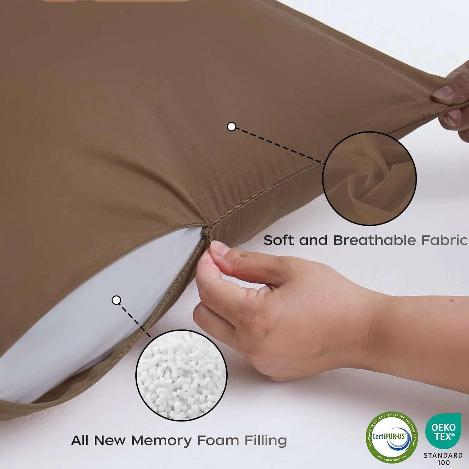 Memory Foam Body Pillow with Removable 100% Cotton Cover, Full Body Pillows for Adults, Large Long Bed Pillow for Sleeping, Firm & Supportive (20x54 inch, Brown)