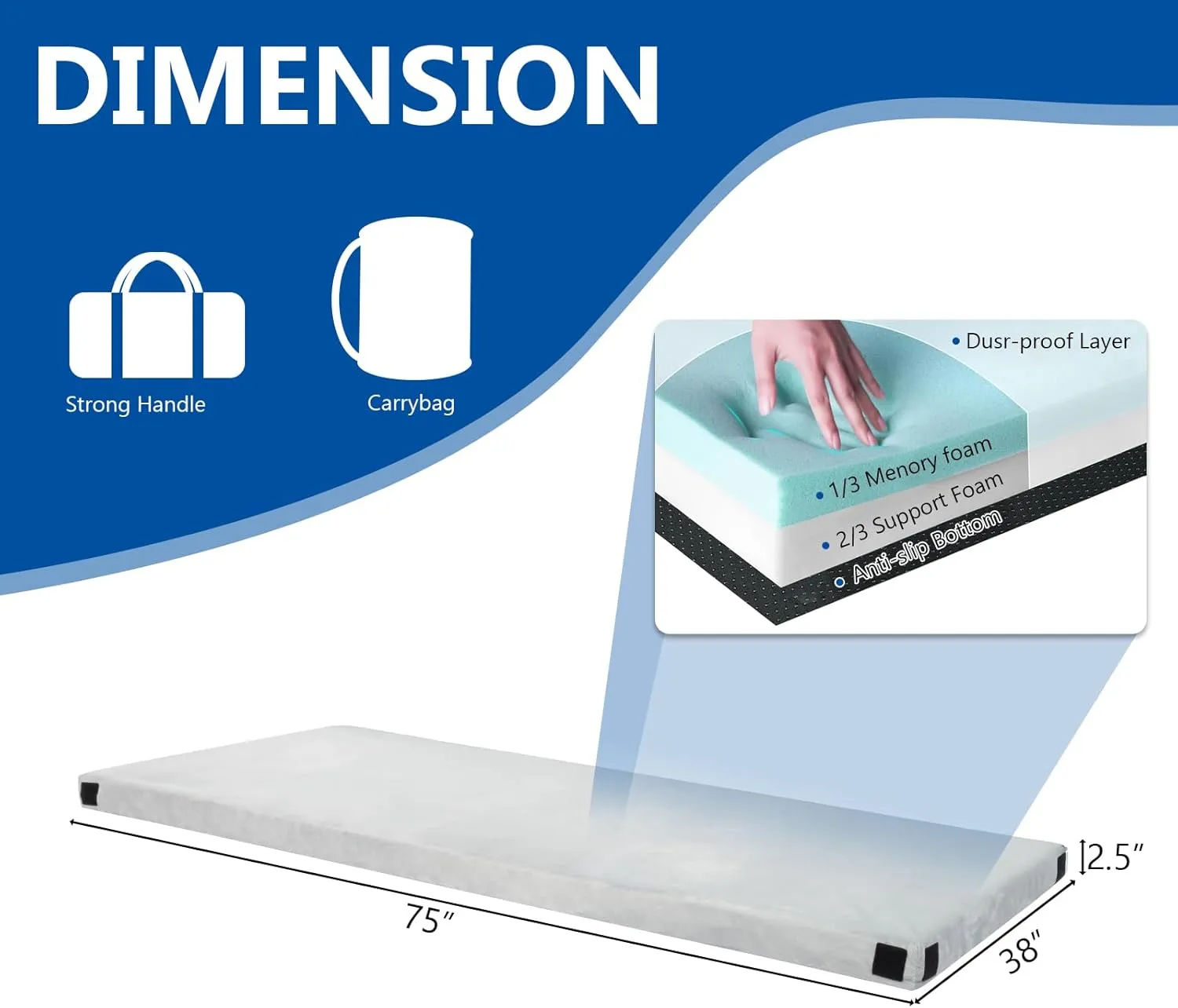 Memory Foam Camping Mattress Pad, Portable Roll Up Mattress for Adults, Sleeping Mat with Travel Bag