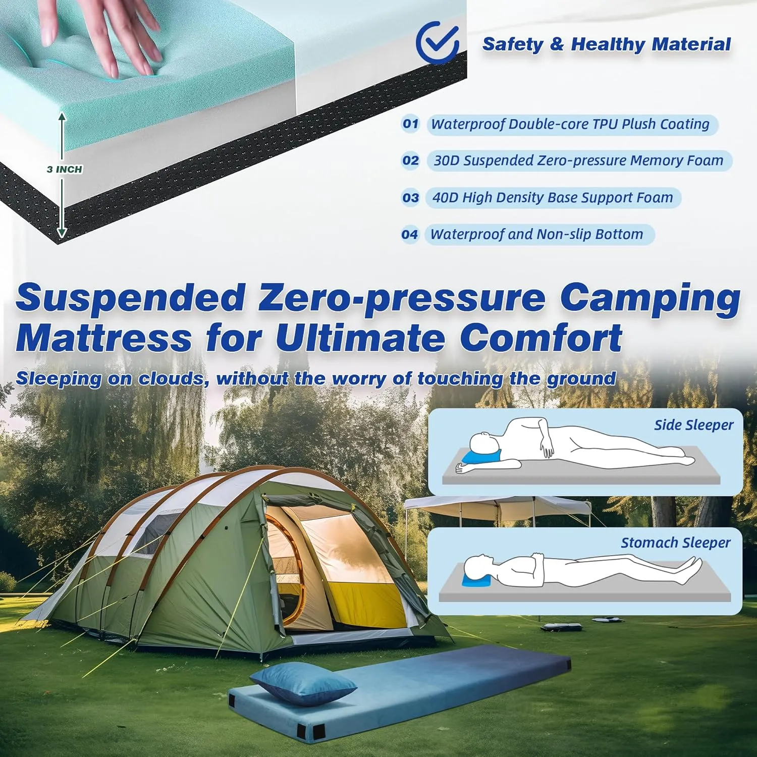 Memory Foam Sleeping Pad, Portable Mattress for Adult, Camping Mattress Pad with Pillow & Travel Bag, Camping Foam Sleeping Pad with Waterproof Cover for Guests Adult Sleepover Outdoor Travel