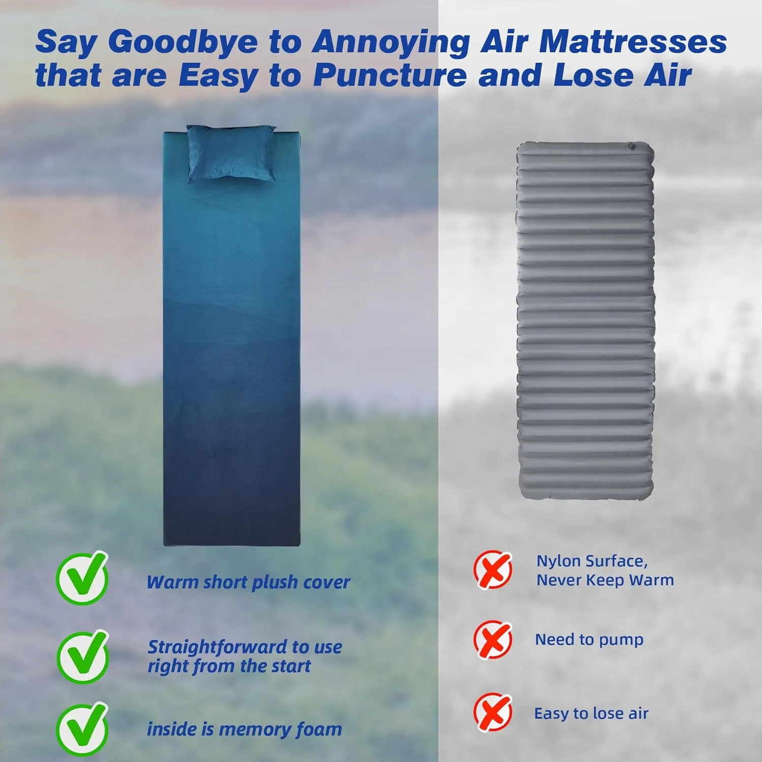 Memory Foam Sleeping Pad, Portable Mattress for Adult, Camping Mattress Pad with Pillow & Travel Bag, Camping Foam Sleeping Pad with Waterproof Cover for Guests Adult Sleepover Outdoor Travel