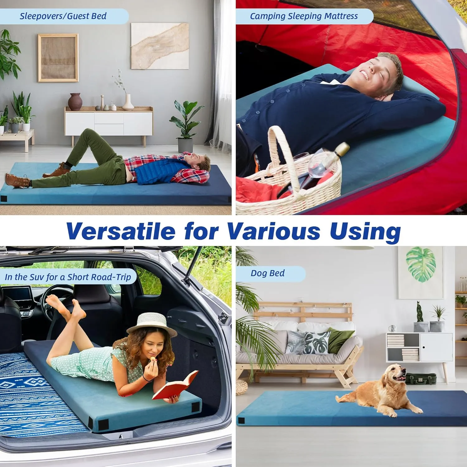 Memory Foam Sleeping Pad, Portable Mattress for Adult, Camping Mattress Pad with Pillow & Travel Bag, Camping Foam Sleeping Pad with Waterproof Cover for Guests Adult Sleepover Outdoor Travel