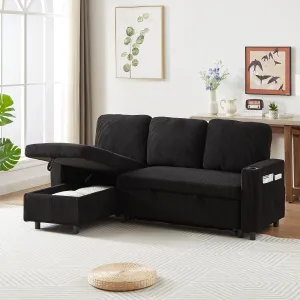 Merax 78.5" Corduroy L-Shaped Convertible Combo Sofa Bed with Reversible Storage Chaise,Pull-Out Sleeper Sofabed with Side Pockets and Cup Holders for Living Room,Office,Apartment(Black)