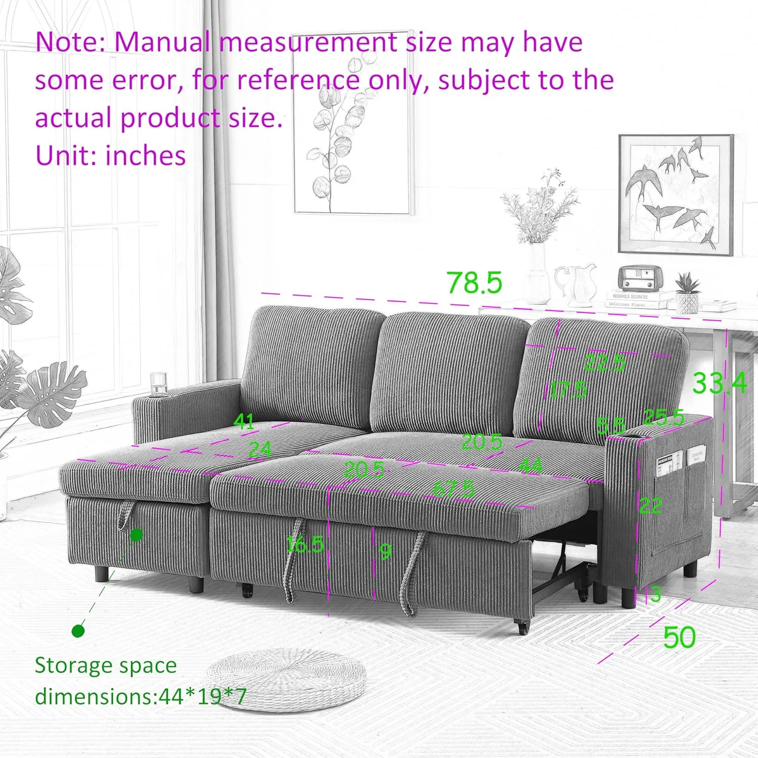 Merax 78.5" Corduroy L-Shaped Convertible Combo Sofa Bed with Reversible Storage Chaise,Pull-Out Sleeper Sofabed with Side Pockets and Cup Holders for Living Room,Office,Apartment(Black)