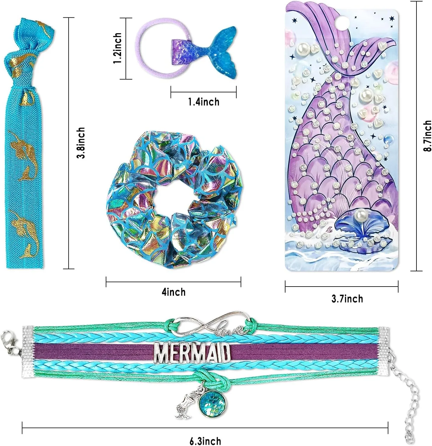 Mermaid Drawstring Bag Set Including Drawstring Sackpack Pearl Stickers Bracelets Hair Accessories 7 PC