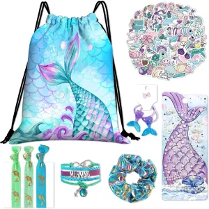Mermaid Drawstring Bag Set Including Drawstring Sackpack Pearl Stickers Bracelets Hair Accessories 7 PC