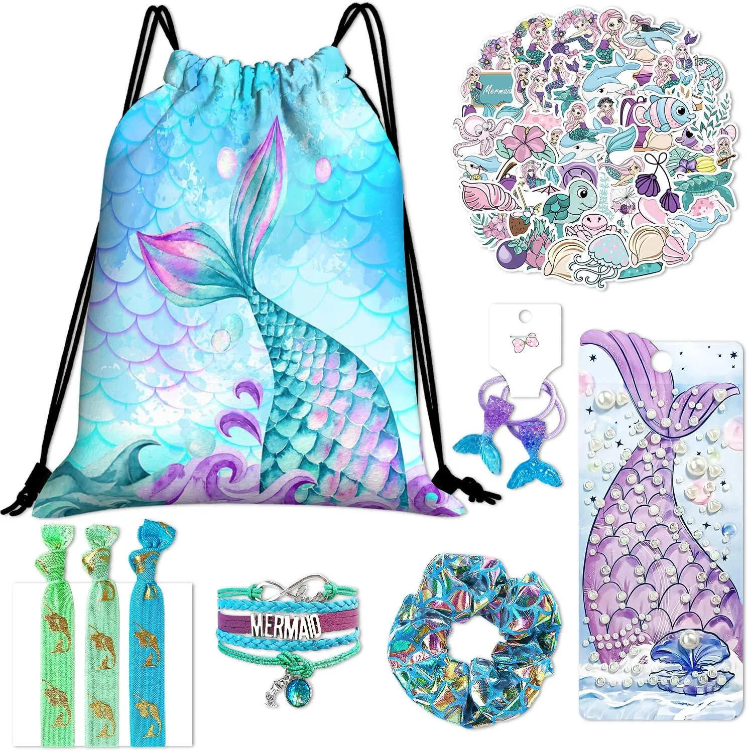 Mermaid Drawstring Bag Set Including Drawstring Sackpack Pearl Stickers Bracelets Hair Accessories 7 PC