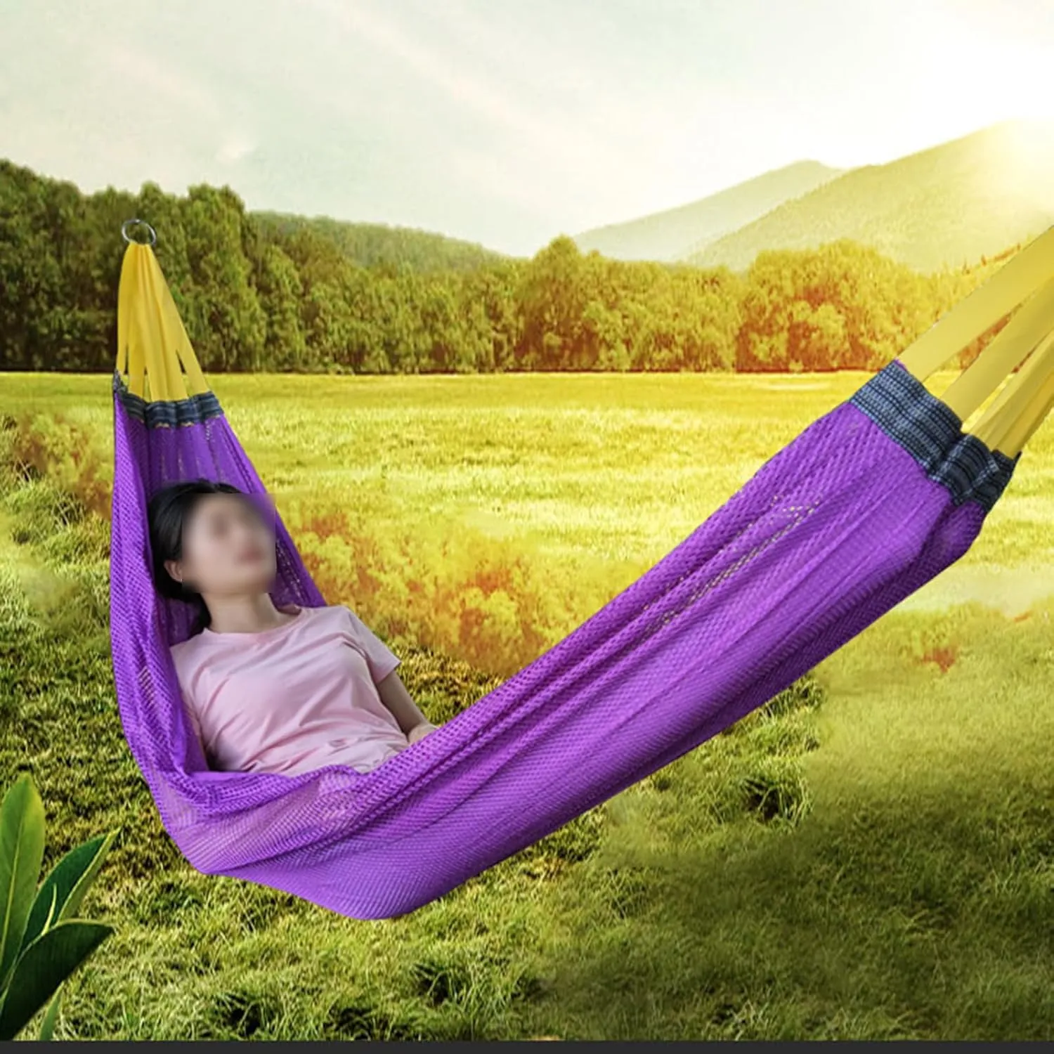 Mesh Hammock, Outdoor Camping Backpacking Rope Double Hammock, Patio Garden Balcony Porch Backyard Indoor Ice Mesh (Purple, A)
