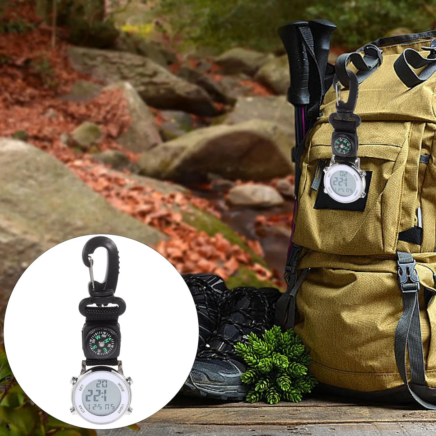 Mikikit Digital Pocket Watch, Clip On Quartz With Portable Hanging Buckle for Backpack, Fob for Climbing Hiking Outdoor Sports