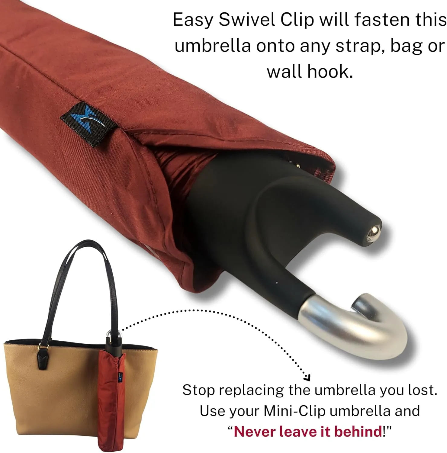 Mini Compact Storm Umbrella - NCAA Logo 42” Coverage, Folds to 11 Inches- Swivel Clip on Handle - Water, Wind & Rust Resistant, and Flexible Frame