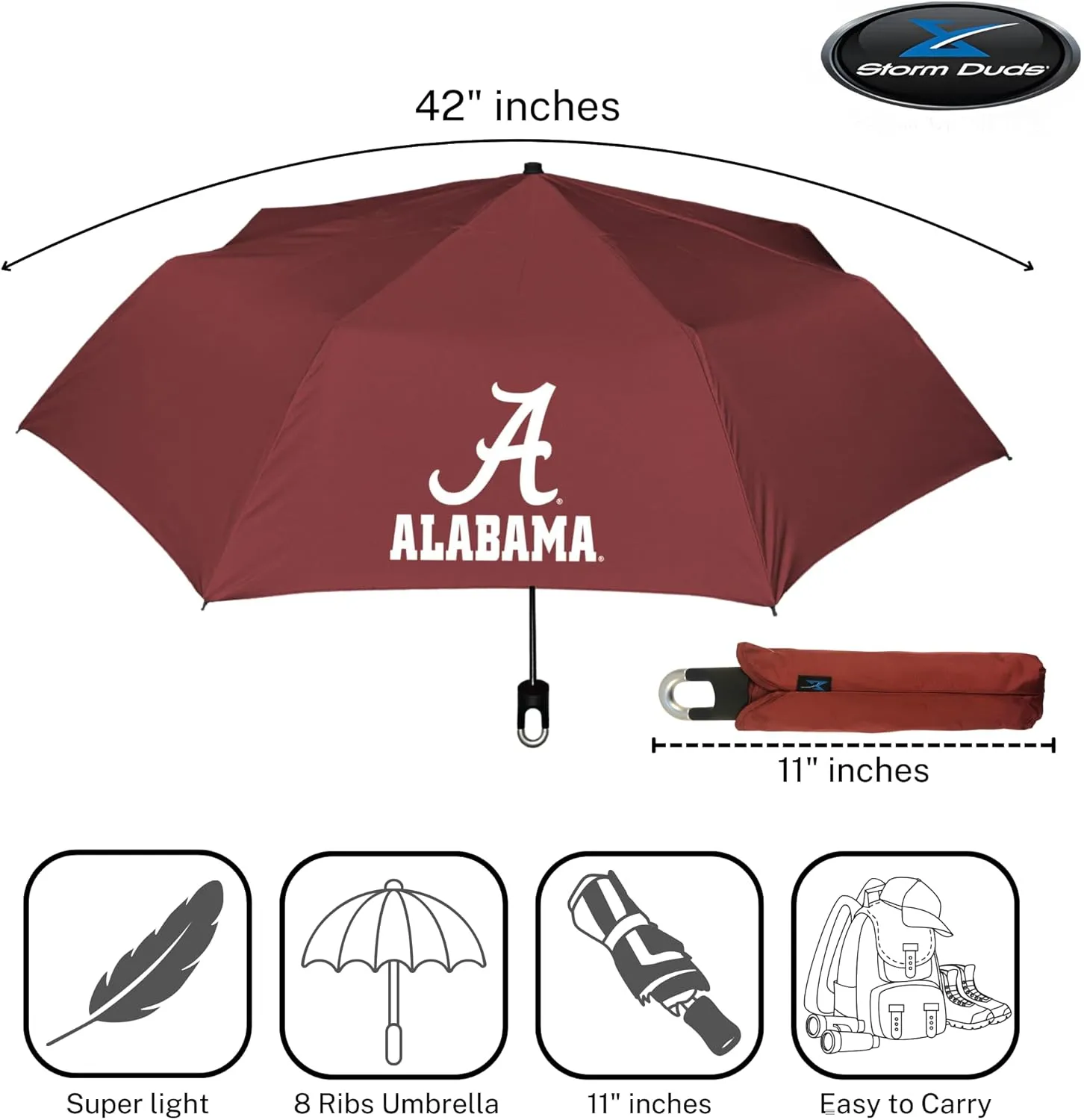 Mini Compact Storm Umbrella - NCAA Logo 42” Coverage, Folds to 11 Inches- Swivel Clip on Handle - Water, Wind & Rust Resistant, and Flexible Frame