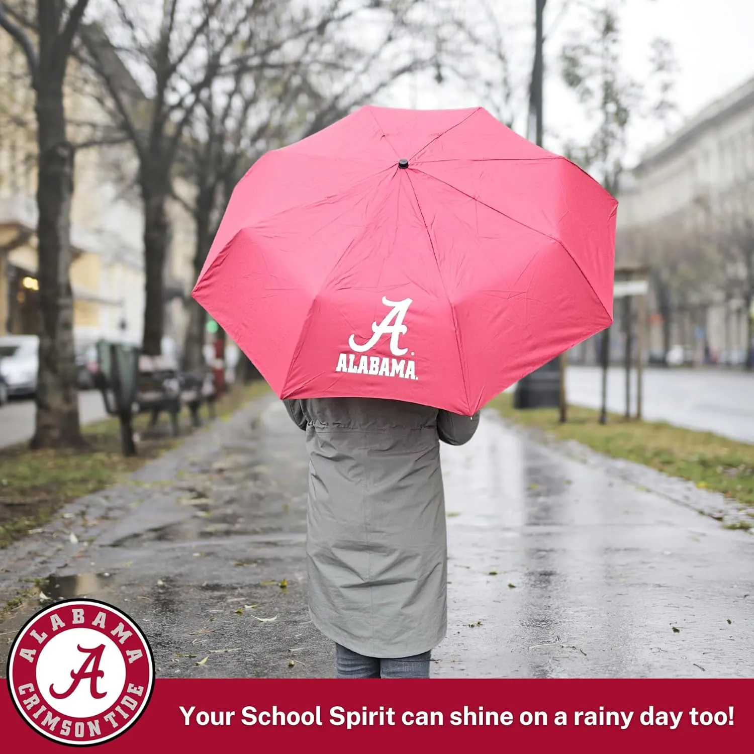 Mini Compact Storm Umbrella - NCAA Logo 42” Coverage, Folds to 11 Inches- Swivel Clip on Handle - Water, Wind & Rust Resistant, and Flexible Frame