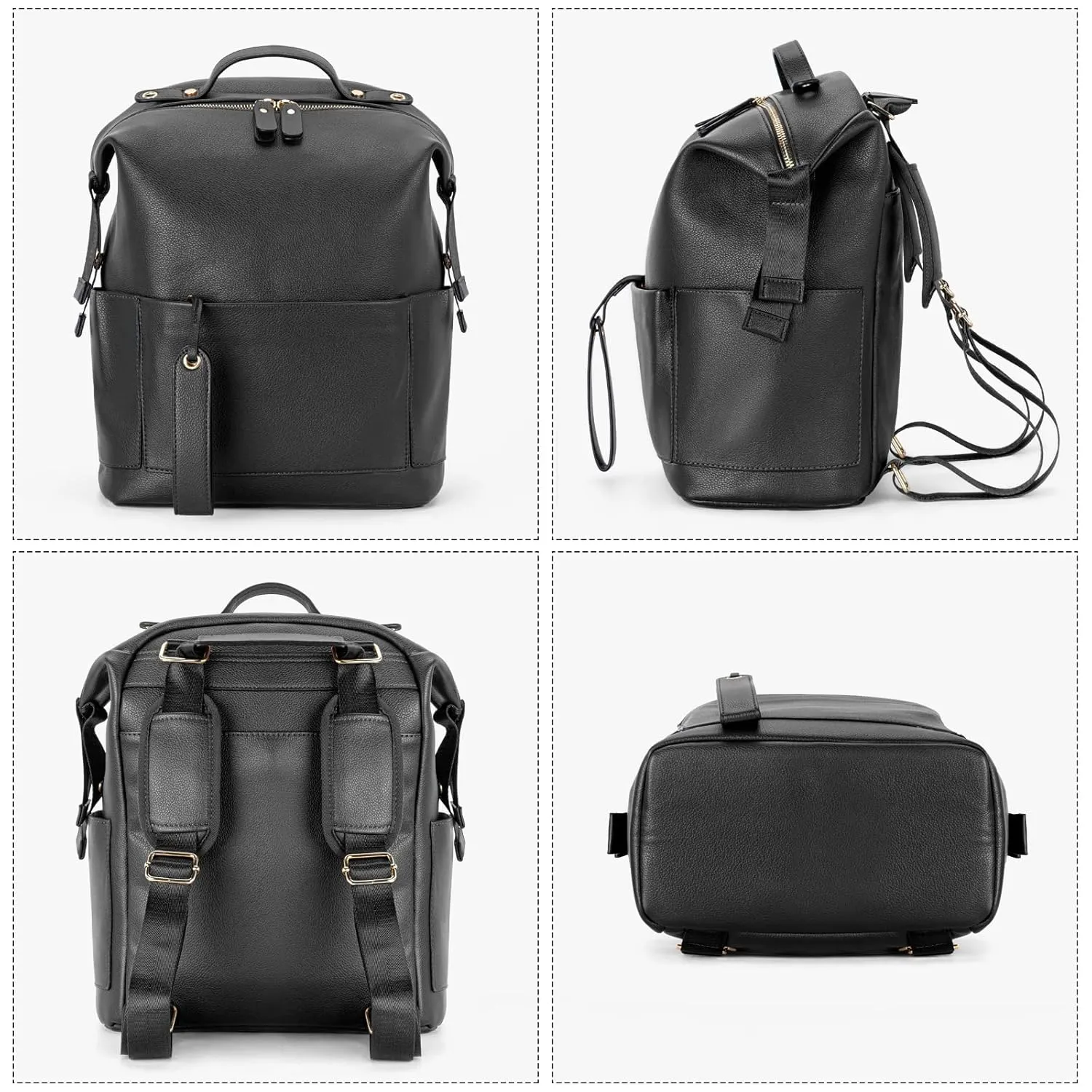 Minsong Diaper Bag Backpack, Waterproof Leather Diaper Bags With Changing Station for Baby, Fashion Nappy Travel Backpack for Mom Dad (Black)