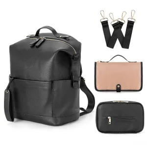 Minsong Diaper Bag Backpack, Waterproof Leather Diaper Bags With Changing Station for Baby, Fashion Nappy Travel Backpack for Mom Dad (Black)