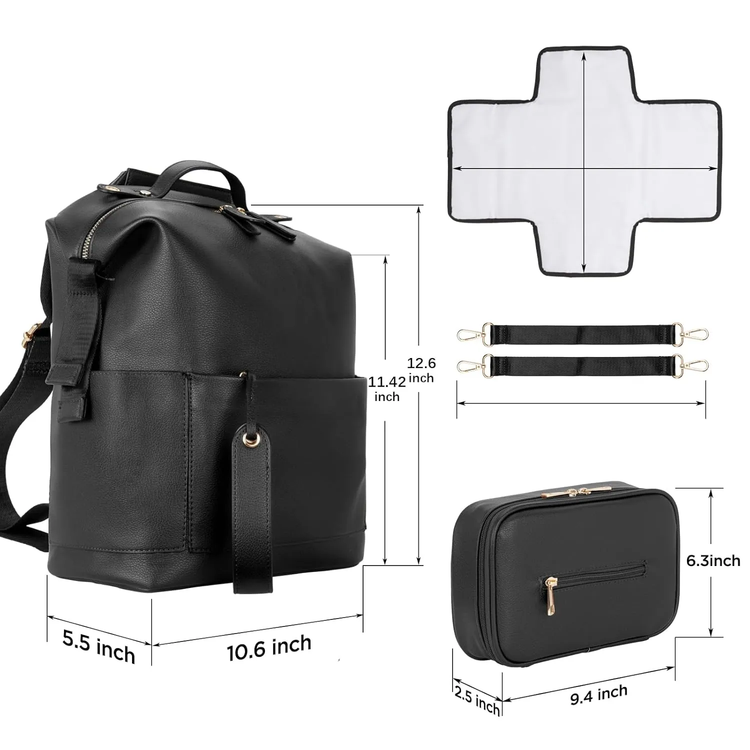 Minsong Diaper Bag Backpack, Waterproof Leather Diaper Bags With Changing Station for Baby, Fashion Nappy Travel Backpack for Mom Dad (Black)
