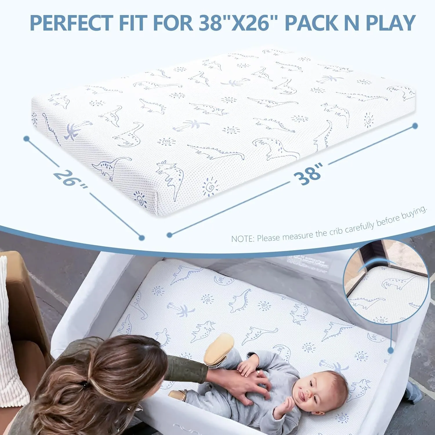 Mochen Pack and Play Mattress, 38"x26" Pack N Play Mattresses Pad with Soft Jacquard Cover, High Density Memory Foam Baby Mattress for Pack n Play Playpen, Portable & Washable
