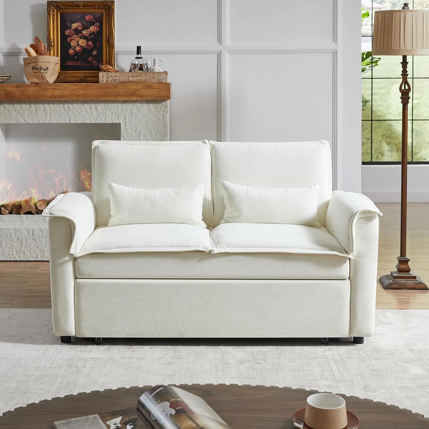 Modern Fabric Convertible Loveseat Sleeper Sofa Couch with Adjustable Backrest, 2 Seater Sofa with Pull Out Bed with 2 Lumbar Pillows for Small Living Room Apartment