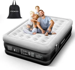 MoKo Air Mattress Queen with Built in Pump, 18'' Luxury Inflatable Mattress, 3 Min Fast Blow up Mattress, Comfort Top - Velvety Air Bed for Home, Camping, Travel, Guests, Black/Gray