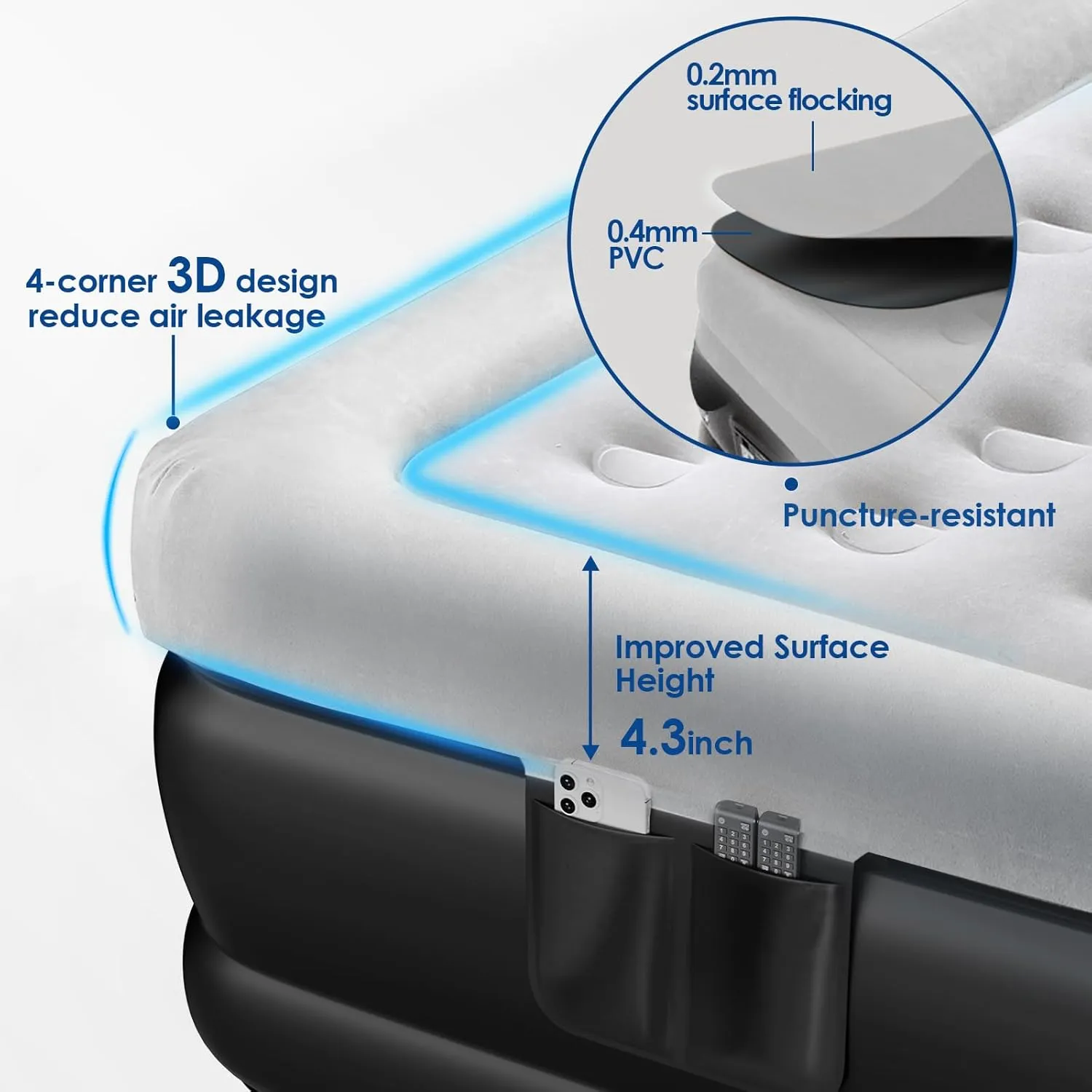 MoKo Air Mattress Queen with Built in Pump, 18'' Luxury Inflatable Mattress, 3 Min Fast Blow up Mattress, Comfort Top - Velvety Air Bed for Home, Camping, Travel, Guests, Black/Gray