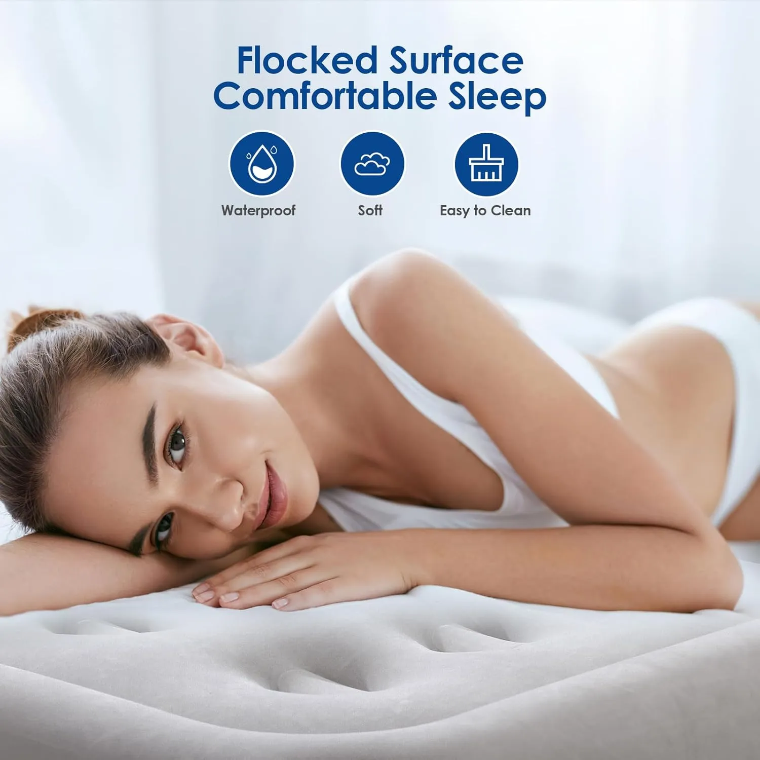 MoKo Air Mattress Queen with Built in Pump, 18'' Luxury Inflatable Mattress, 3 Min Fast Blow up Mattress, Comfort Top - Velvety Air Bed for Home, Camping, Travel, Guests, Black/Gray