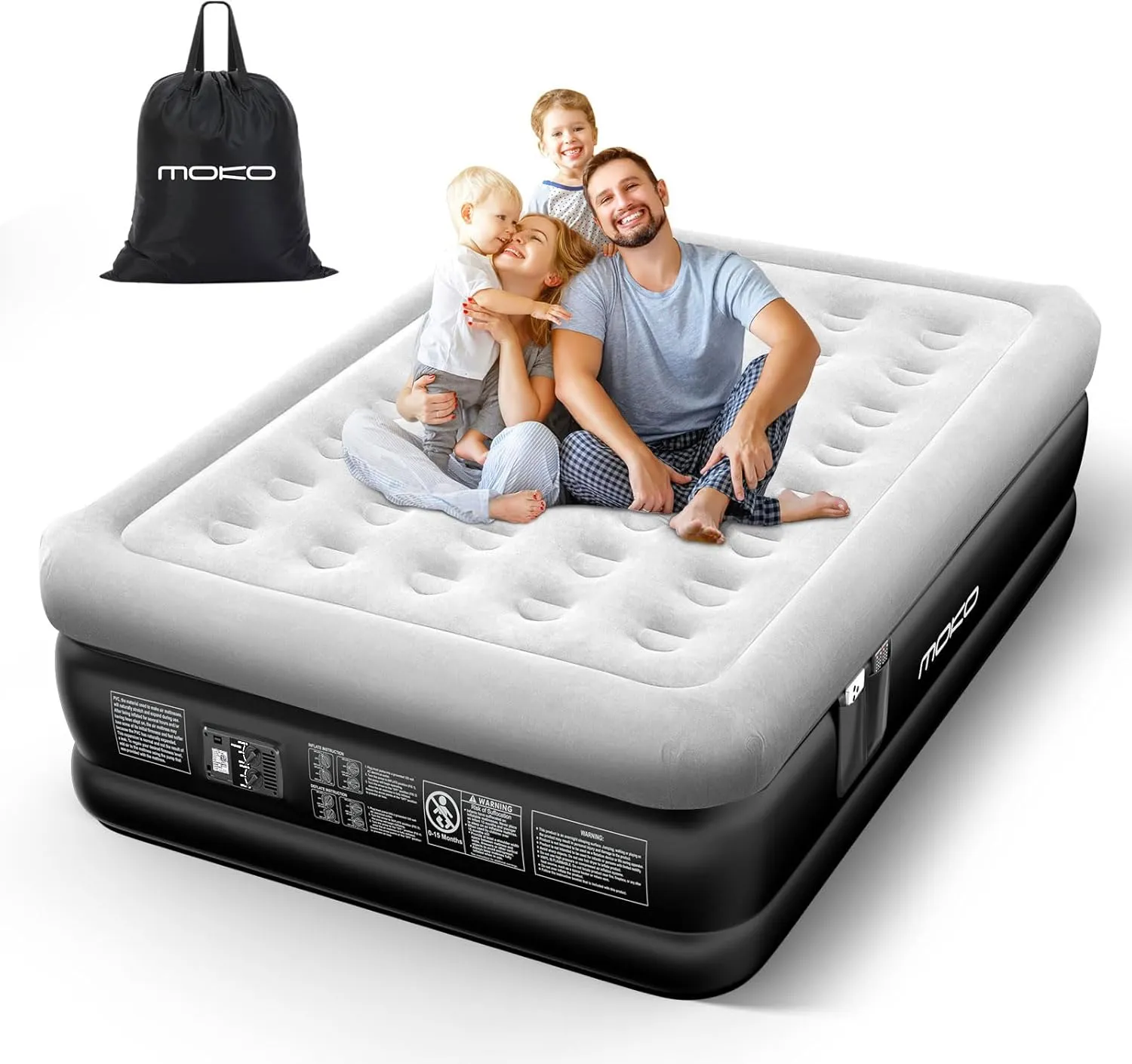 MoKo Air Mattress Queen with Built in Pump, 18'' Luxury Inflatable Mattress, 3 Min Fast Blow up Mattress, Comfort Top - Velvety Air Bed for Home, Camping, Travel, Guests, Black/Gray