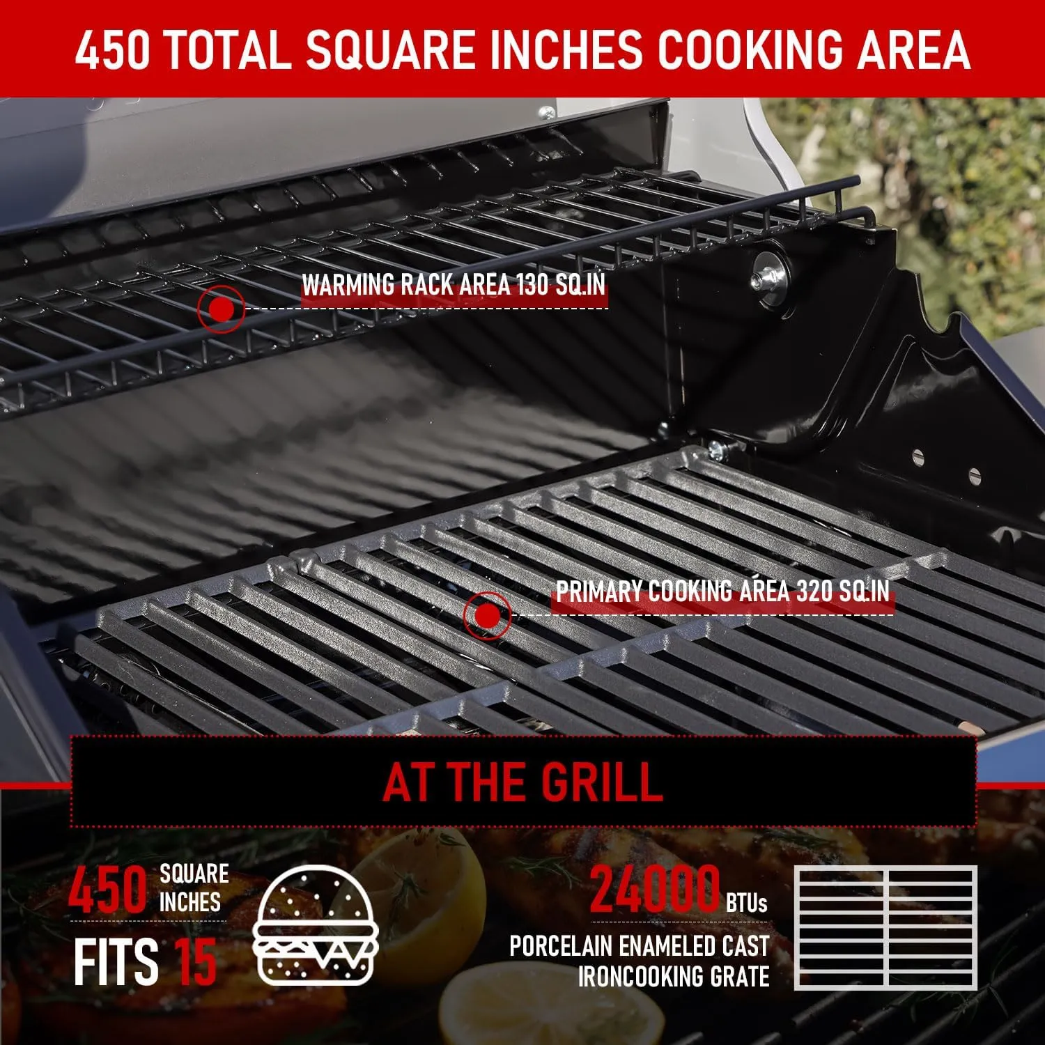 Monument Grills 2-Burner Stainless Steel Liquid Propane Gas Patio Garden Barbecue Grill with Clearview® Lid, Knob Control and Two Foldable Shelves Mesa200R with BBQ Cover, Red