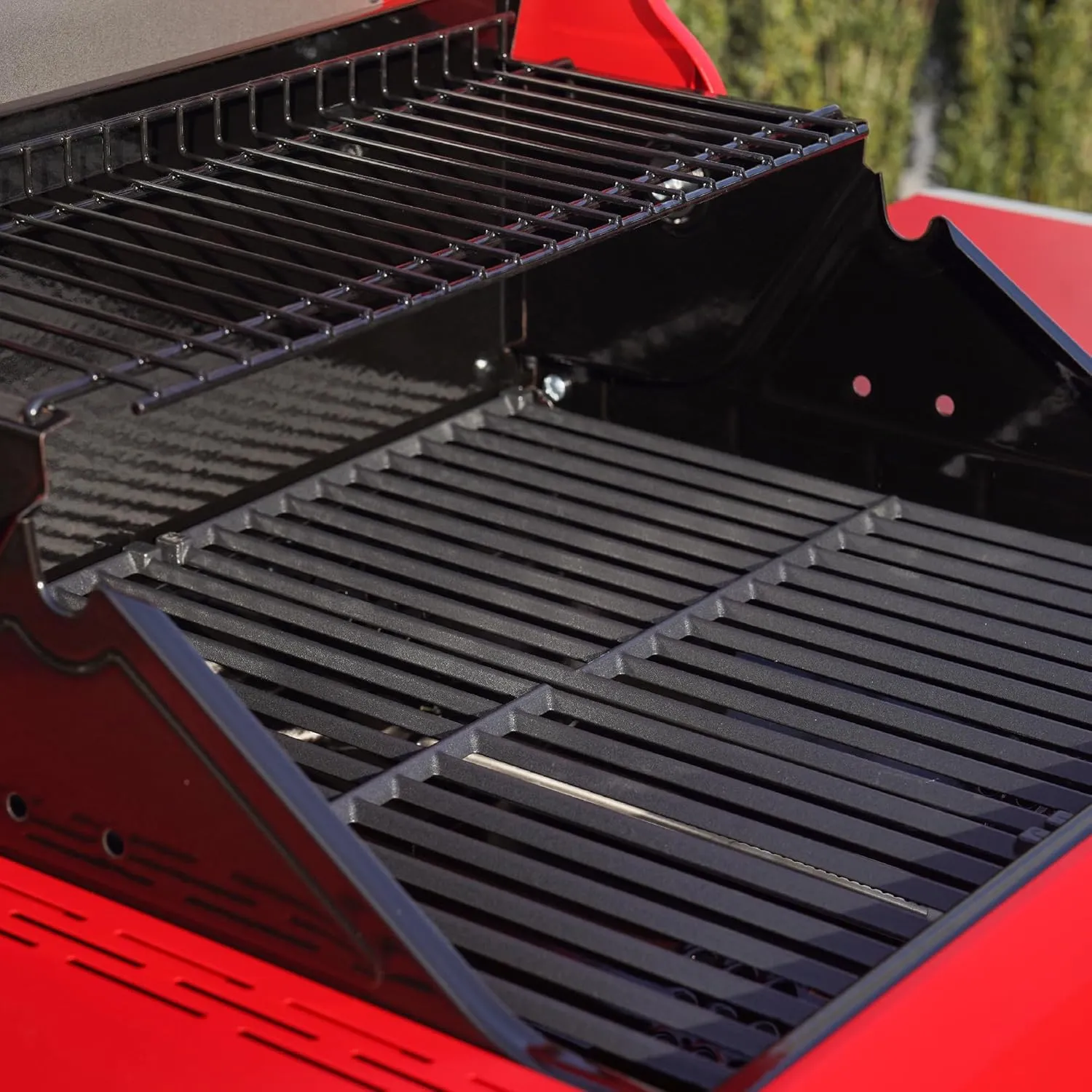 Monument Grills 2-Burner Stainless Steel Liquid Propane Gas Patio Garden Barbecue Grill with Clearview® Lid, Knob Control and Two Foldable Shelves Mesa200R with BBQ Cover, Red