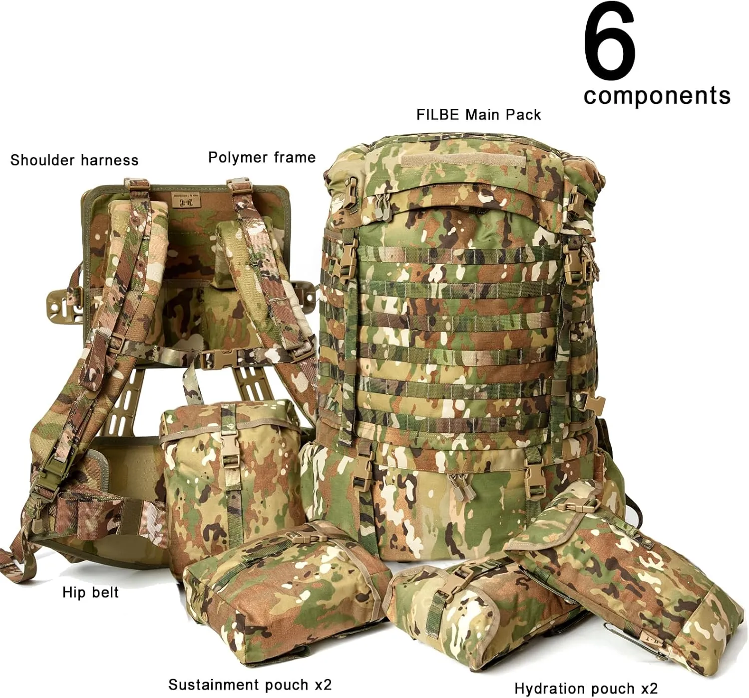 MT FILBE 100L Modular Rucksack System Military Ruck with External ABS Frame, Detachable Assault Pack & Hydration Carrier