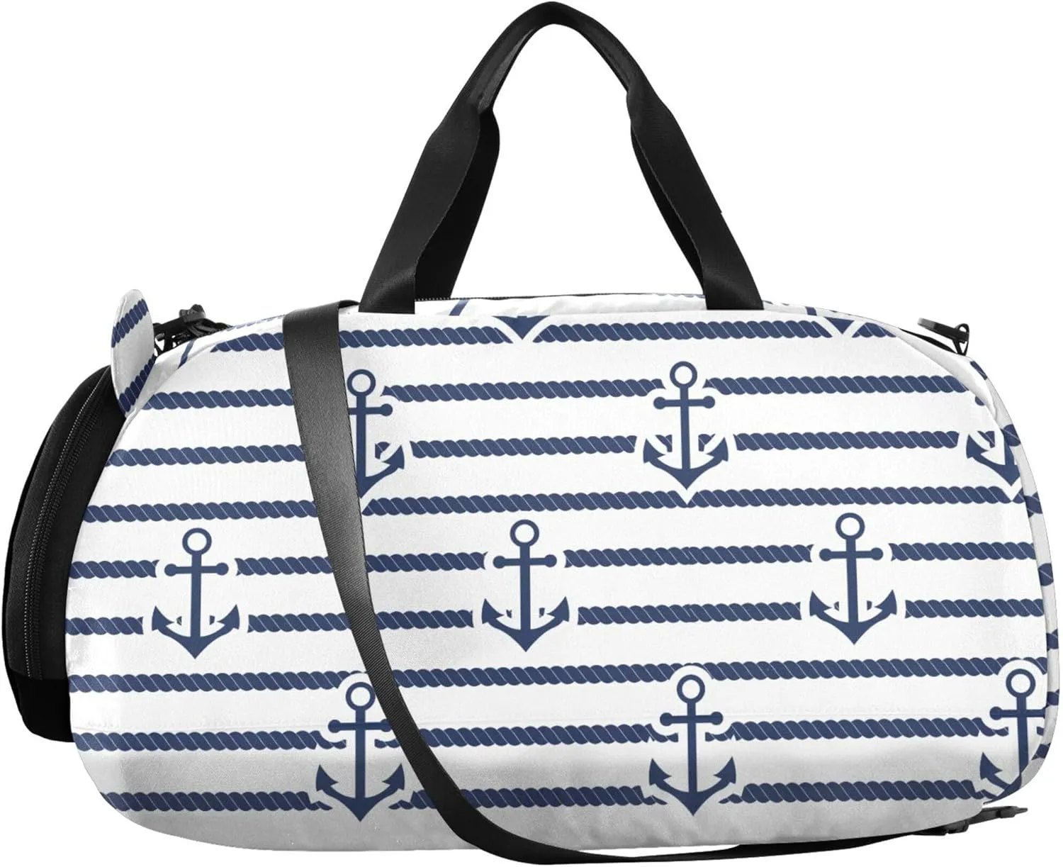 Navy Blue Striped Rope and Ocean Small Gym Bag with Shoes Compartment Multifunctional Carry On Bag for Beach Swim Bags Pool Sports