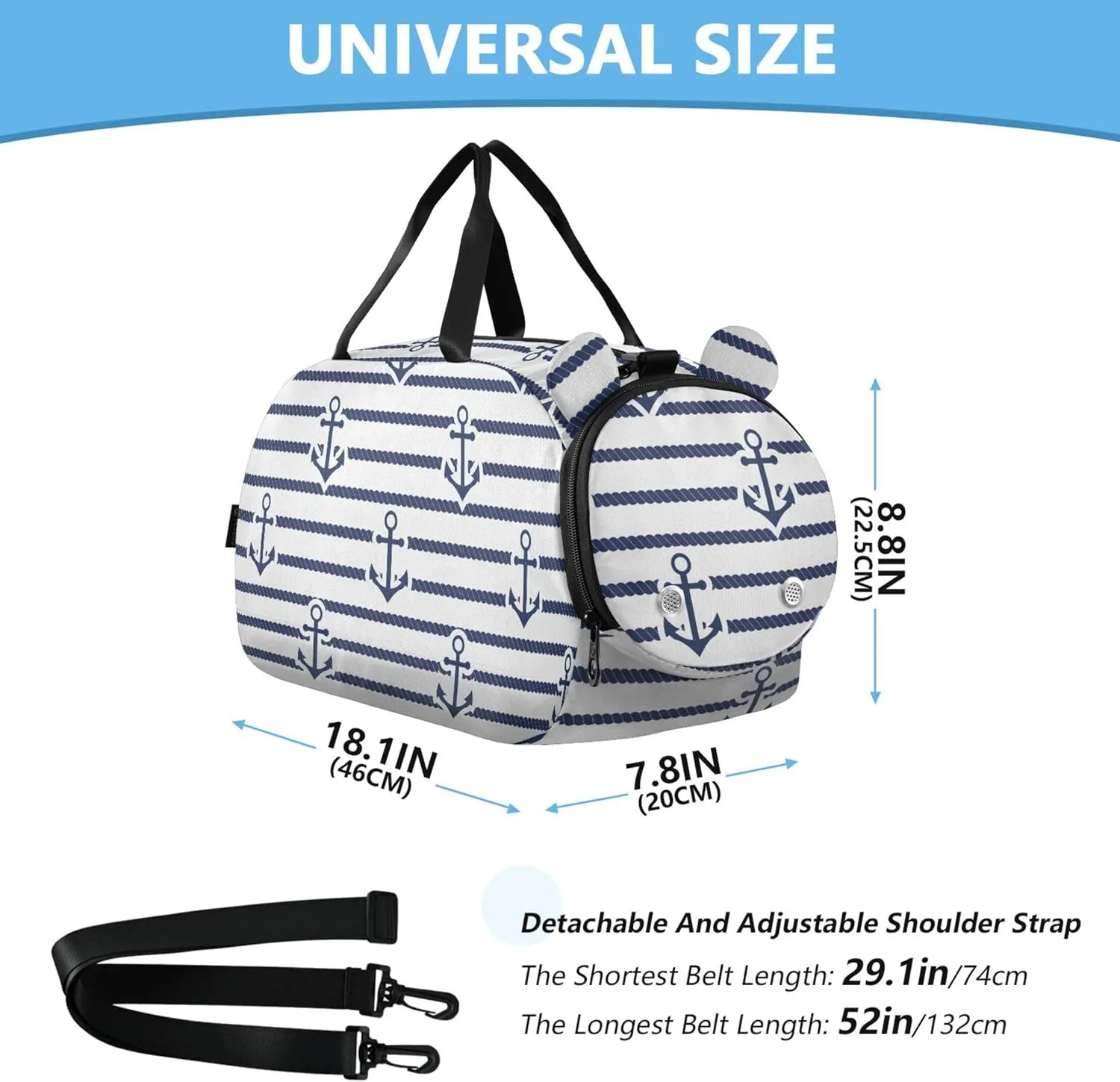 Navy Blue Striped Rope and Ocean Small Gym Bag with Shoes Compartment Multifunctional Carry On Bag for Beach Swim Bags Pool Sports
