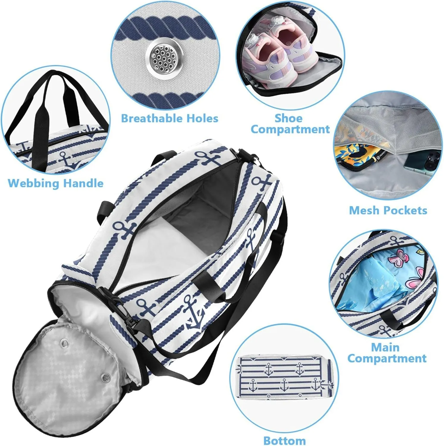 Navy Blue Striped Rope and Ocean Small Gym Bag with Shoes Compartment Multifunctional Carry On Bag for Beach Swim Bags Pool Sports