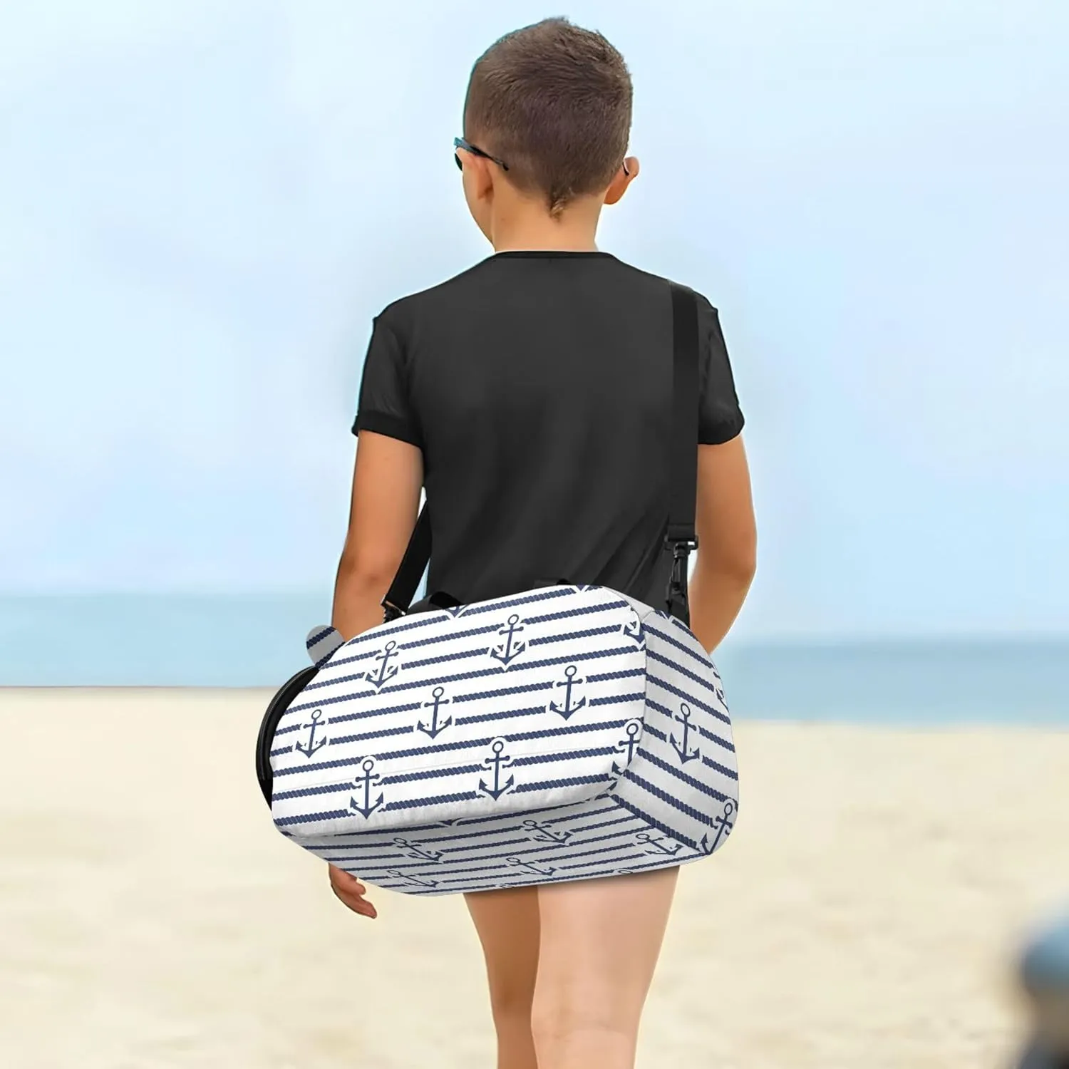 Navy Blue Striped Rope and Ocean Small Gym Bag with Shoes Compartment Multifunctional Carry On Bag for Beach Swim Bags Pool Sports