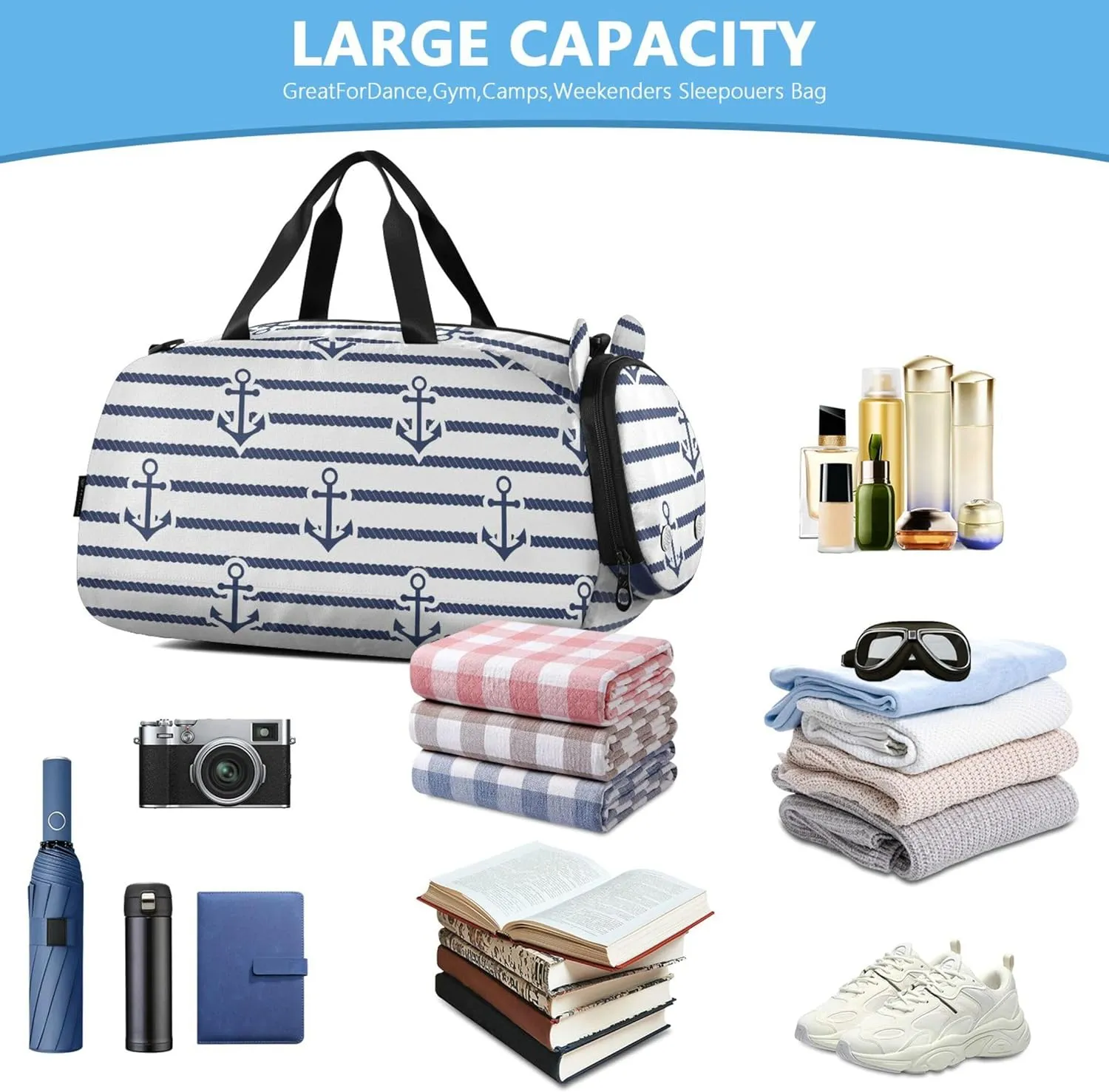Navy Blue Striped Rope and Ocean Small Gym Bag with Shoes Compartment Multifunctional Carry On Bag for Beach Swim Bags Pool Sports