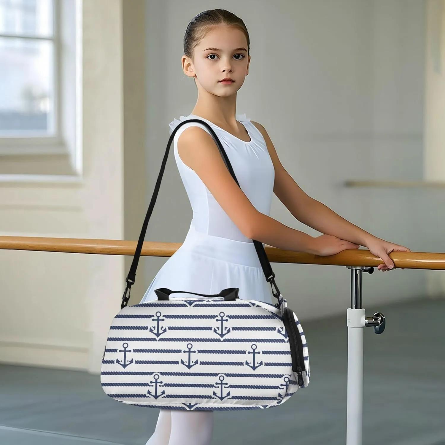 Navy Blue Striped Rope and Ocean Small Gym Bag with Shoes Compartment Multifunctional Carry On Bag for Beach Swim Bags Pool Sports
