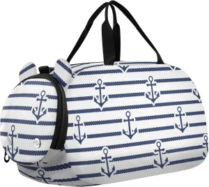 Navy Blue Striped Rope and Ocean Small Gym Bag with Shoes Compartment Multifunctional Carry On Bag for Beach Swim Bags Pool Sports