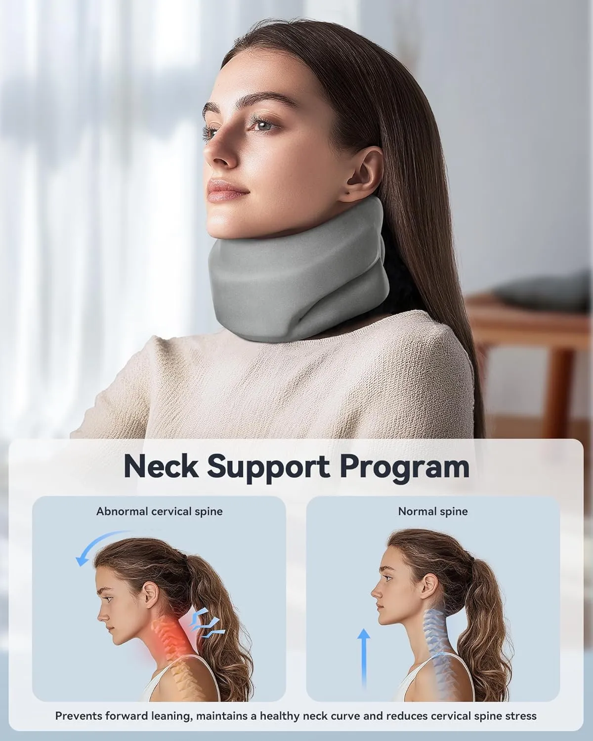 Neck Brace Cervical Collar - Neck Support Brace for Sleeping, Soft Foam Wraps Keep Vertebrae Stable and Aligned for Relief of Cervical Spine Pressure Gray Large(15.8-18.1 Inch)