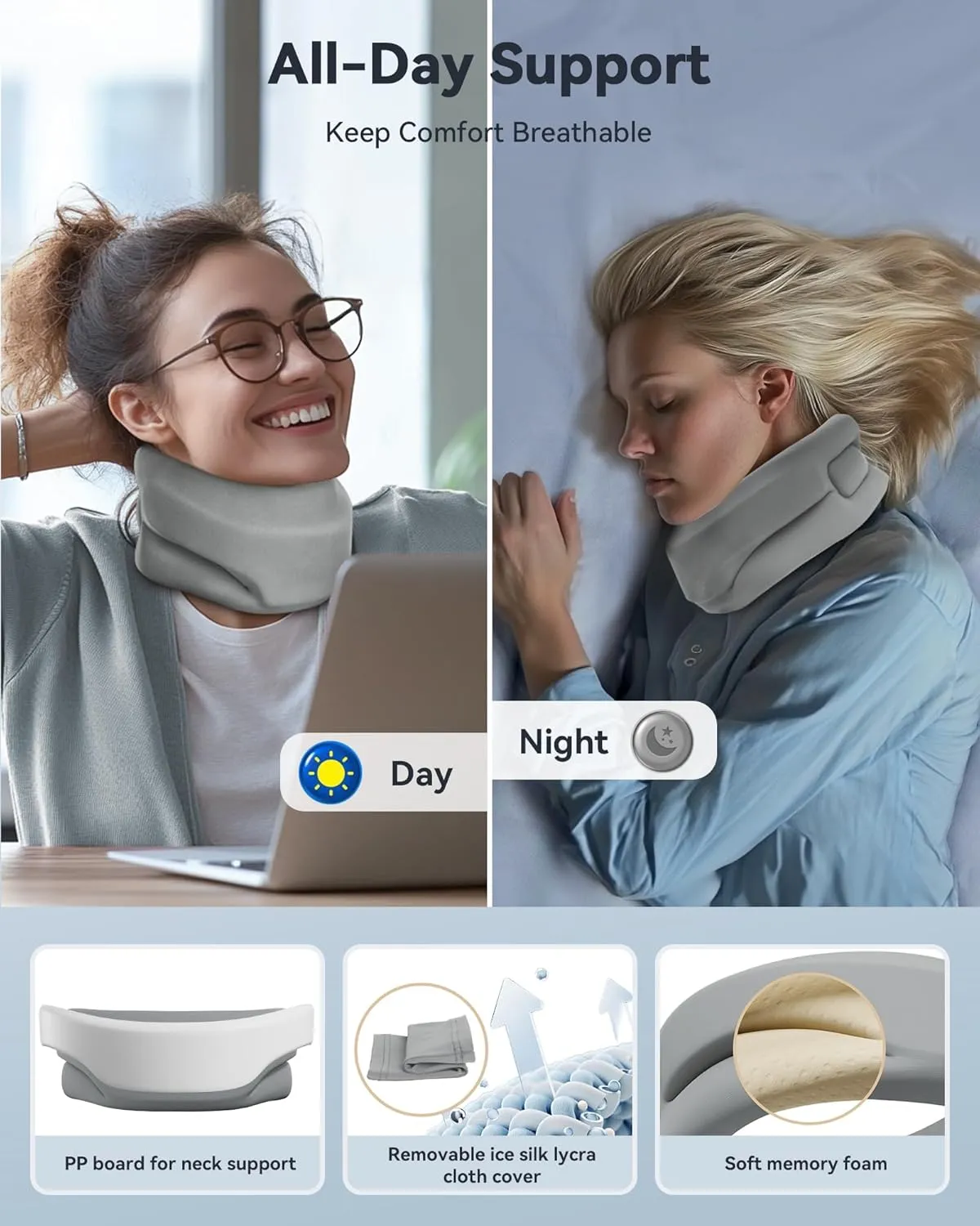 Neck Brace Cervical Collar - Neck Support Brace for Sleeping, Soft Foam Wraps Keep Vertebrae Stable and Aligned for Relief of Cervical Spine Pressure Gray Large(15.8-18.1 Inch)